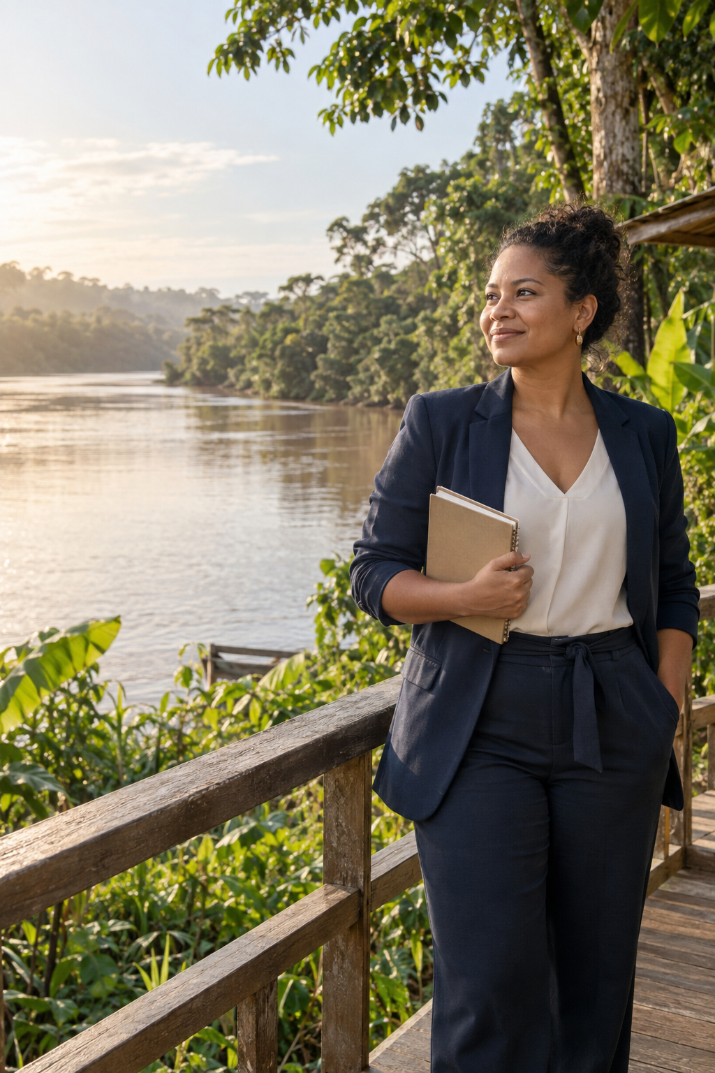 Une entrepreneure au bord d'un fleuve en Guyane